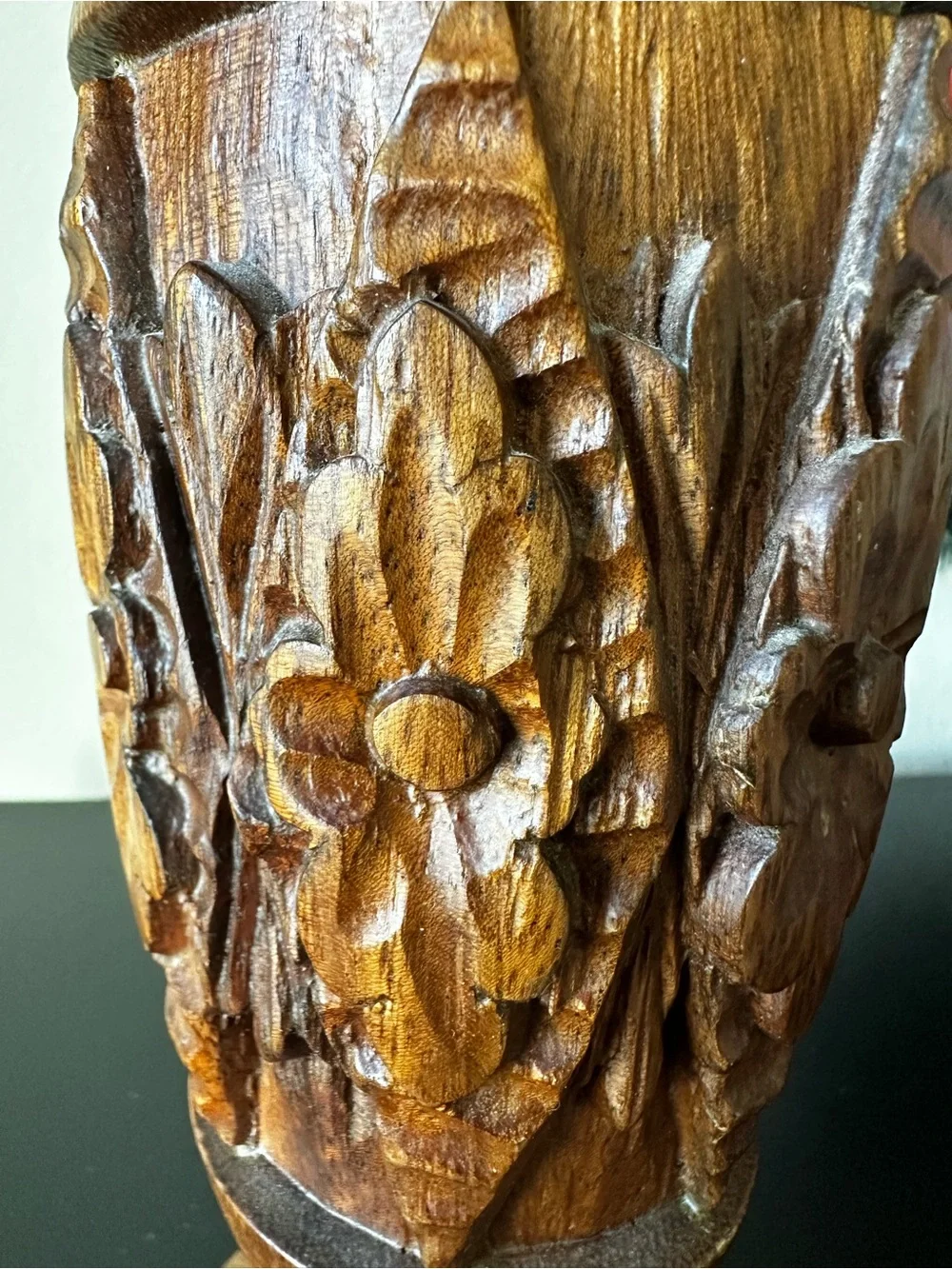 Carved Wood Floral Decorative Vase 10” Brown Natural Grain Rustic Boho Decor
